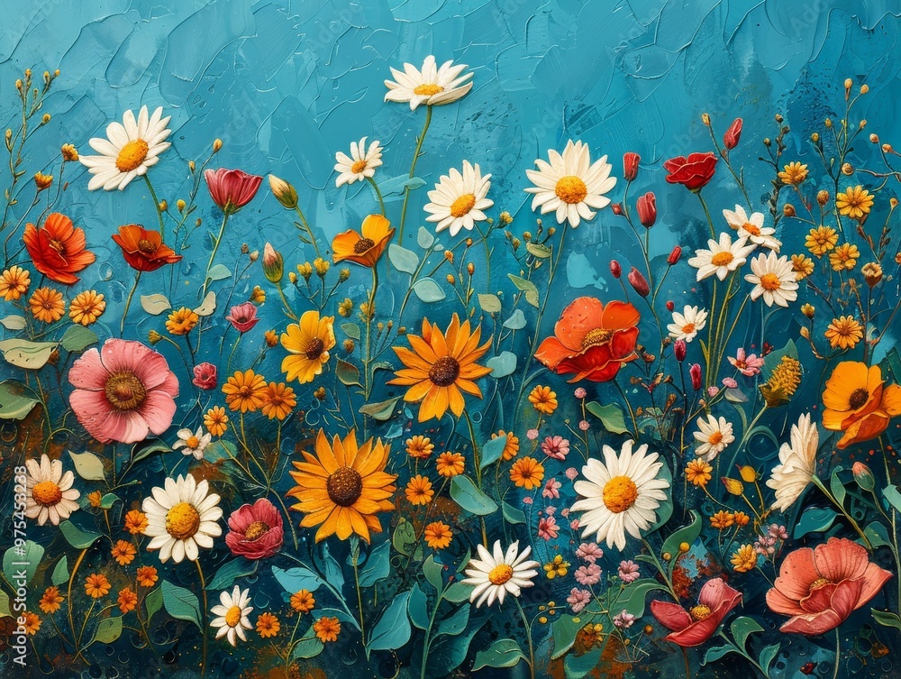 Vibrant wildflowers bloom in a field against a blue sky. Daisy, sunflower, and poppy blossoms create a colorful summer scene. Vibrant wildflowers bloom in a field against a blue sky. Daisy, sunflower, and poppy blossoms create a colorful summer scene.