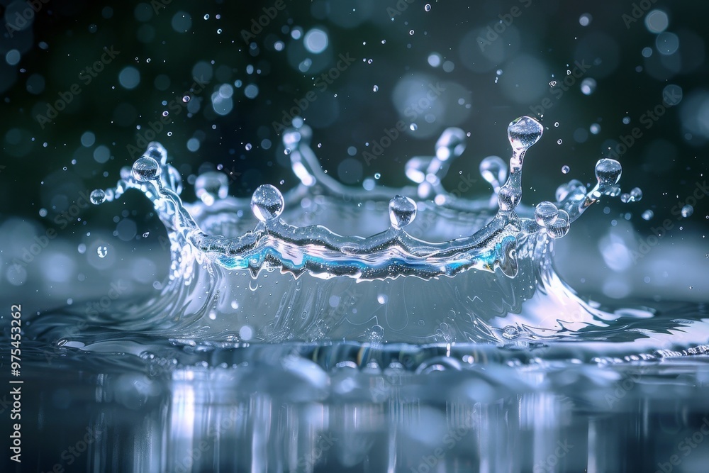 Water drop creates a crown-shaped splash on a dark background with bokeh effect. Water drop creates a crown-shaped splash on a dark background with bokeh effect.
