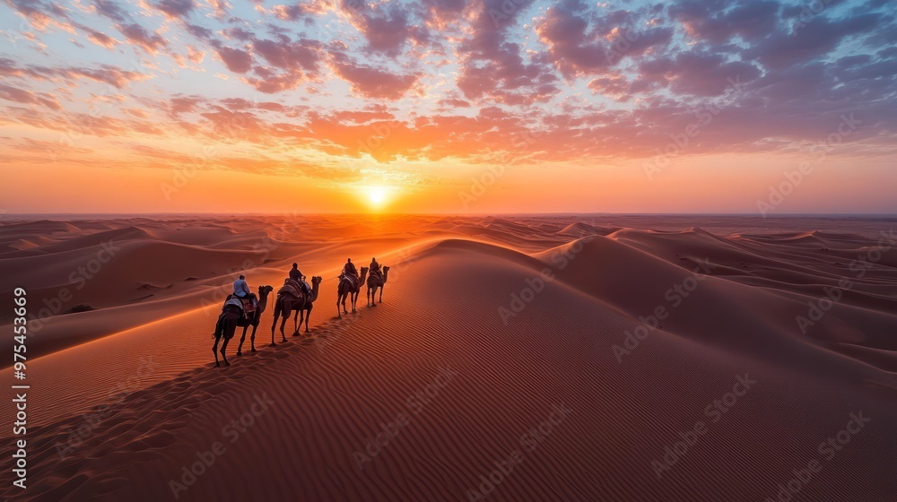rolling sand dunes , with a caravan of camels moving across the distant horizon, the sky painted with soft pinks and oranges at sunset