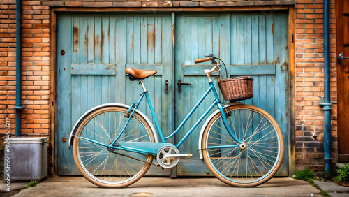 Old-fashioned bicycle in a picturesque setting, evoking a sense of nostalgia.Weathered blue bicycle leaning against a wooden door, a symbol of simpler times.