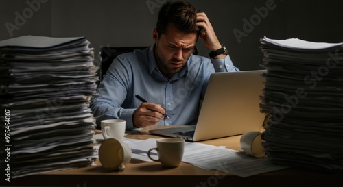 Wallpaper Mural Stressed man working late with piles of paperwork. Torontodigital.ca