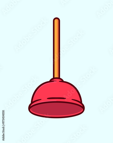 Cartoon Vector Illustration of a Classic Red Plunger with Wooden Handle for Home Improvement and Plumbing Concepts