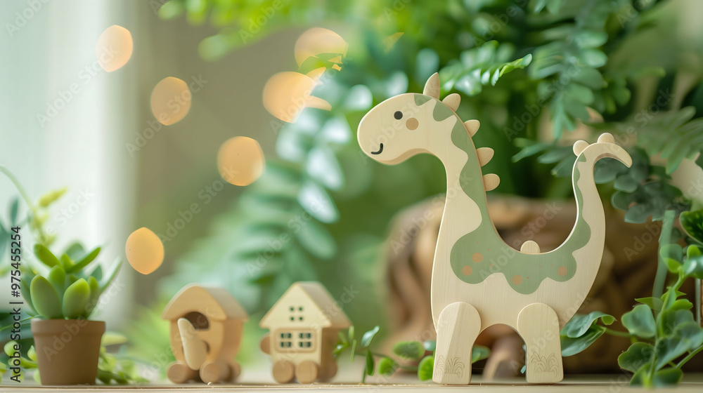 Naklejka premium Cute Wooden Dinosaur Doll Above Table Painted with Pastel Colors with Blurry Green Background