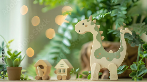 Cute Wooden Dinosaur Doll Above Table Painted with Pastel Colors with Blurry Green Background