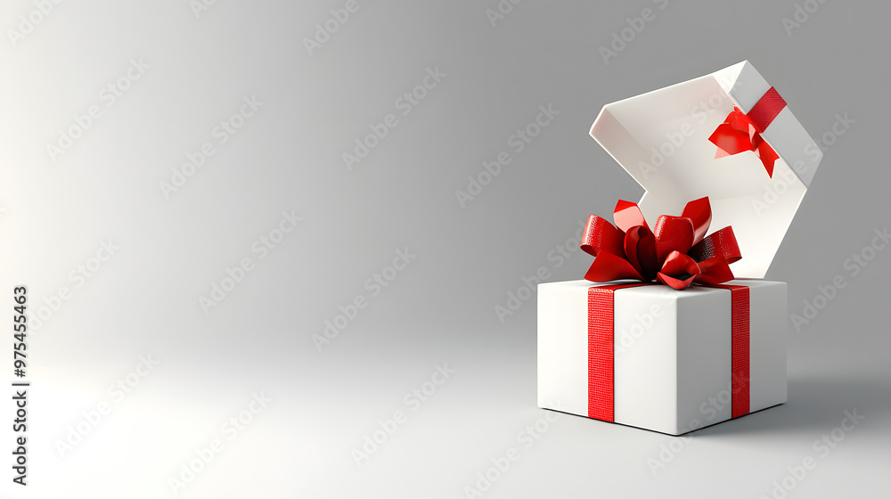 Blank white present box open or gift box with red ribbons and bow ...