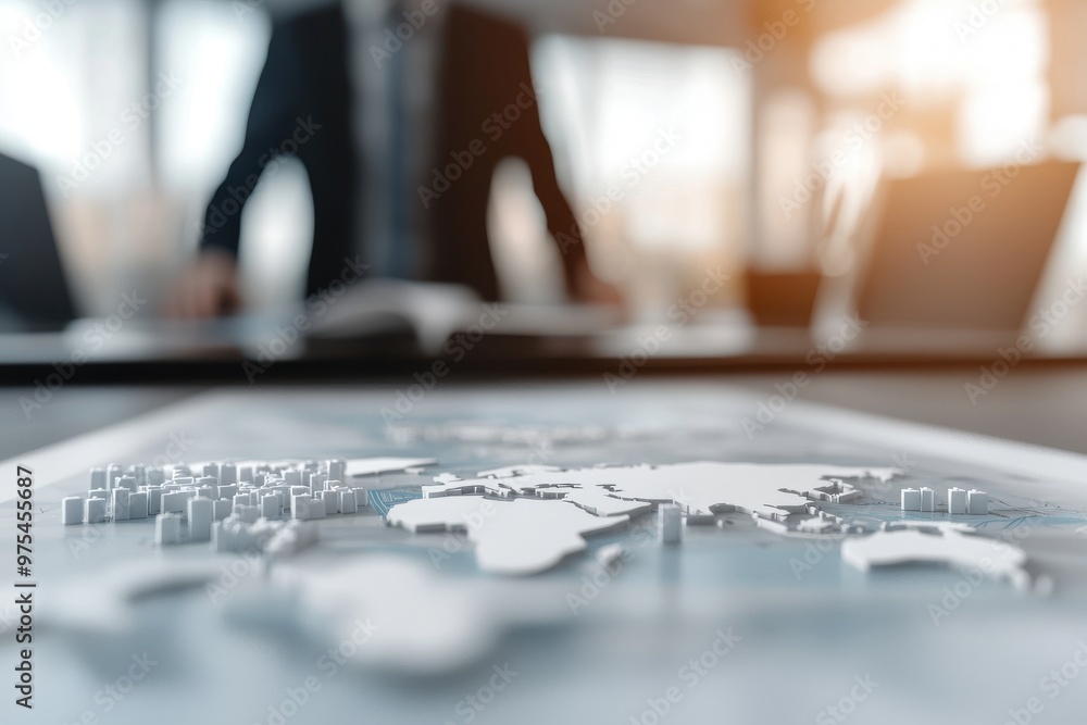 A close-up view of a world map on a desk with a businessman in the background, representing global business and strategy. A close-up view of a world map on a desk with a businessman in the background, representing global business and strategy.