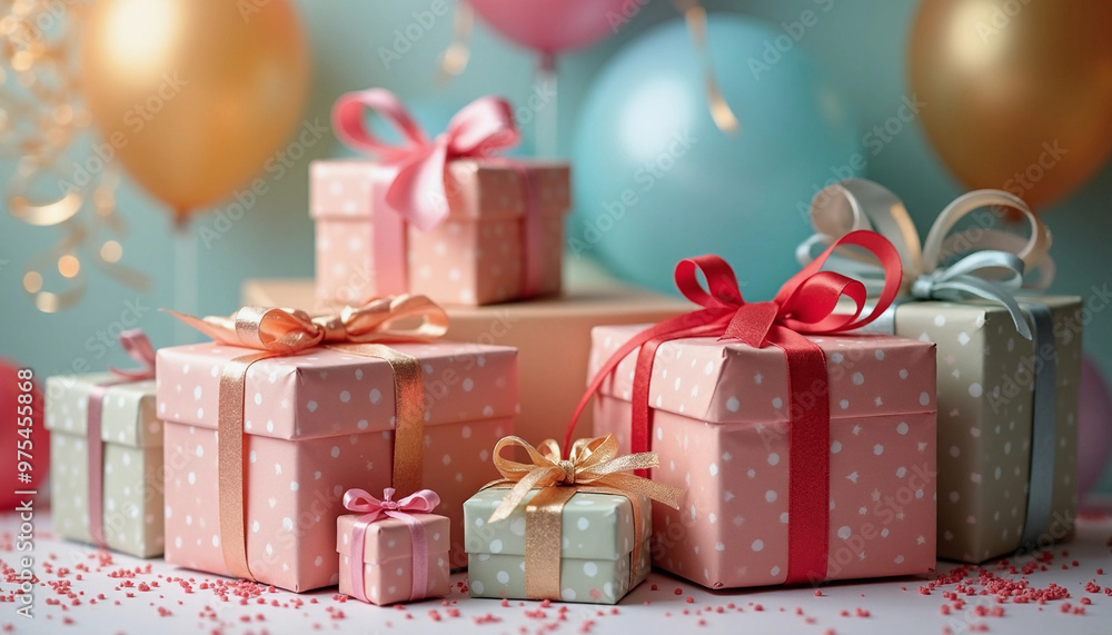 Festively wrapped gift boxes with ribbons Festively wrapped gift boxes with ribbons