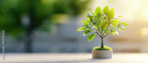 A vibrant green plant in a small pot, symbolizing growth and nature, set against a softly blurred background of outdoor greenery.