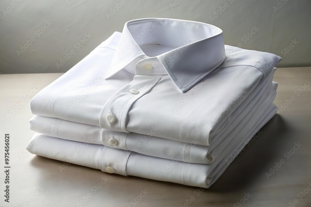 Stack of clean folded white shirt on table Stack of clean folded white shirt on table