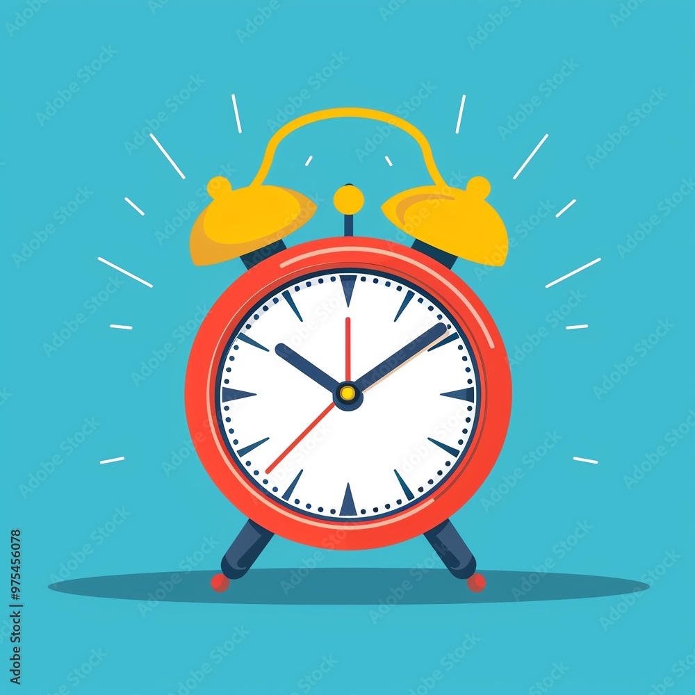 Retro red alarm clock with yellow bells on a blue background, indicating time, punctuality, and the importance of waking up early. Retro red alarm clock with yellow bells on a blue background, indicating time, punctuality, and the importance of waking up early.