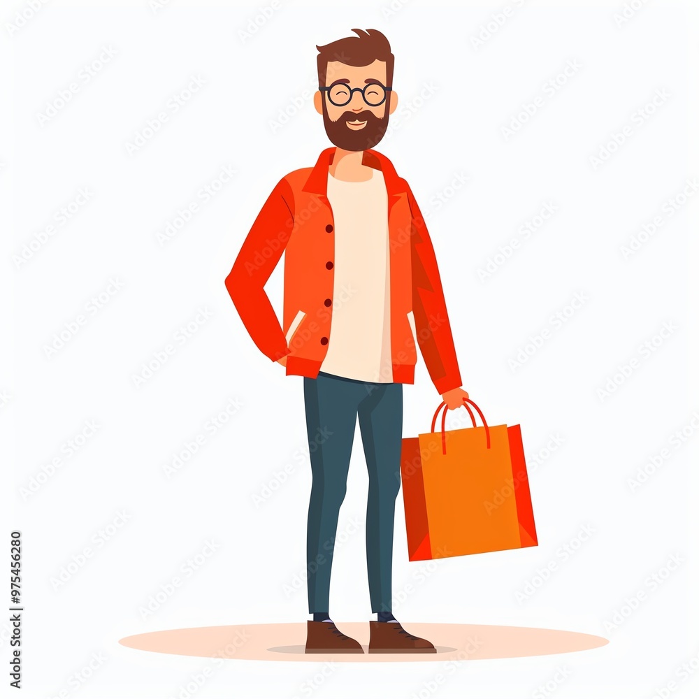 Illustration of a young man with beard glasses carrying shopping bag wearing orange jacket and jeans standing against white background. Illustration of a young man with beard glasses carrying shopping bag wearing orange jacket and jeans standing against white background.
