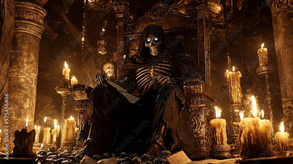 Skeleton King on Throne with Candles and Skulls Skeleton King on Throne with Candles and Skulls