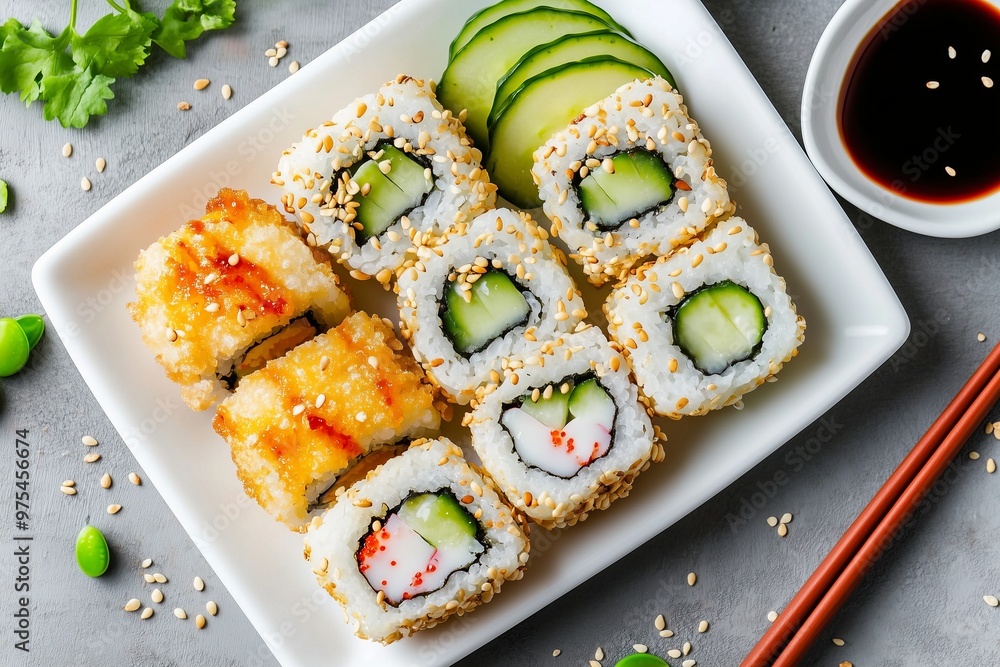 assorted tempura sushi rolls, arranged on a white plate with dipping soy sauce, garnished with sesame seeds and thin slices of cucumber, with chopsticks nearby assorted tempura sushi rolls, arranged on a white plate with dipping soy sauce, garnished with sesame seeds and thin slices of cucumber, with chopsticks nearby