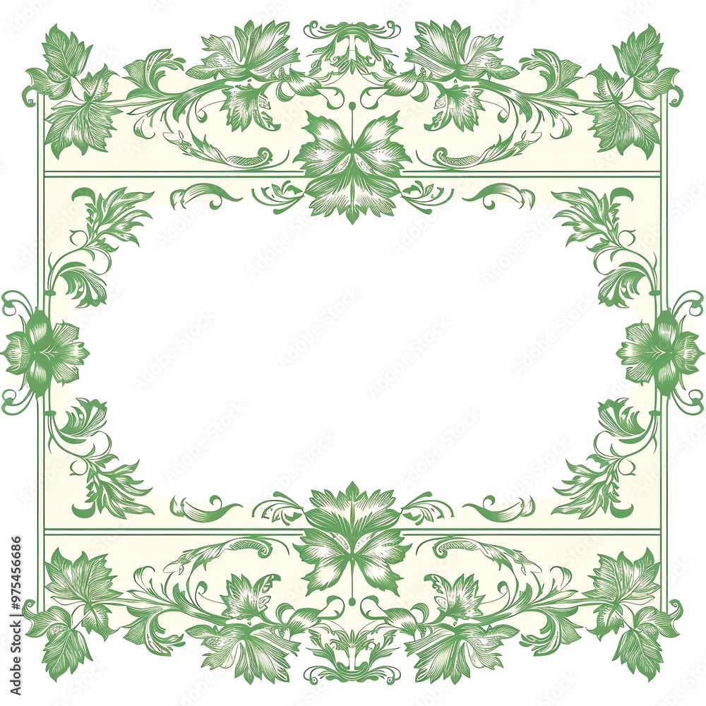 Elegant green floral frame on a white background, perfect for invitations, greeting cards, or decorative elements. Elegant green floral frame on a white background, perfect for invitations, greeting cards, or decorative elements.