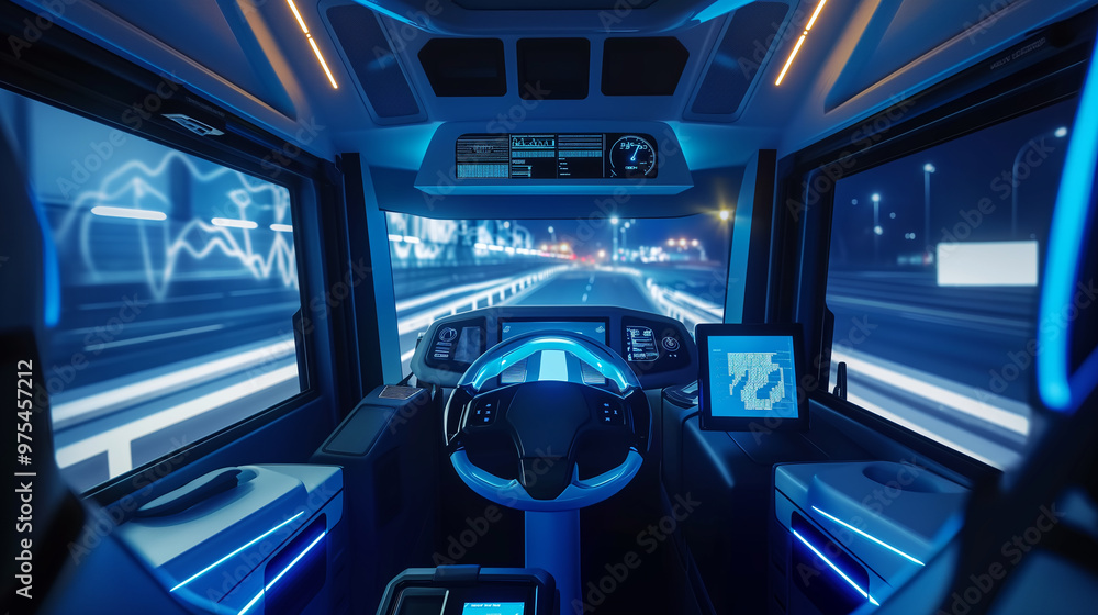 interior of a modern self driven shipping truck equipped with artificial intelligence technology interior of a modern self driven shipping truck equipped with artificial intelligence technology