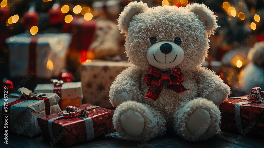 White Teddy Bear with Bow Surrounded by Christmas Ornaments and Gifts White Teddy Bear with Bow Surrounded by Christmas Ornaments and Gifts