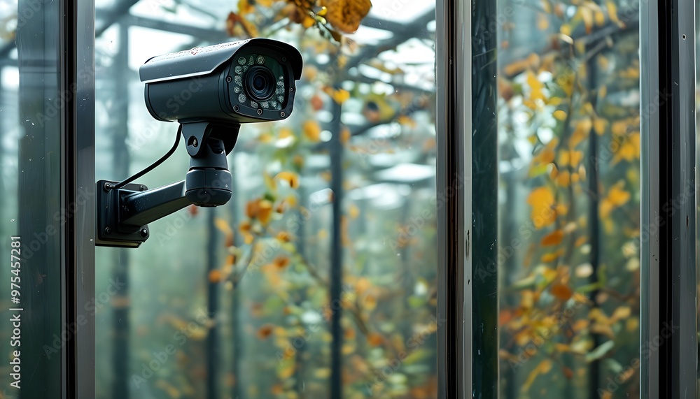 Discreet security surveillance hidden among greenery in a modern glass ...
