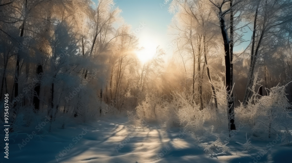 Frost-Covered Winter Forest with Sunlight Shining Through Trees Frost-Covered Winter Forest with Sunlight Shining Through Trees