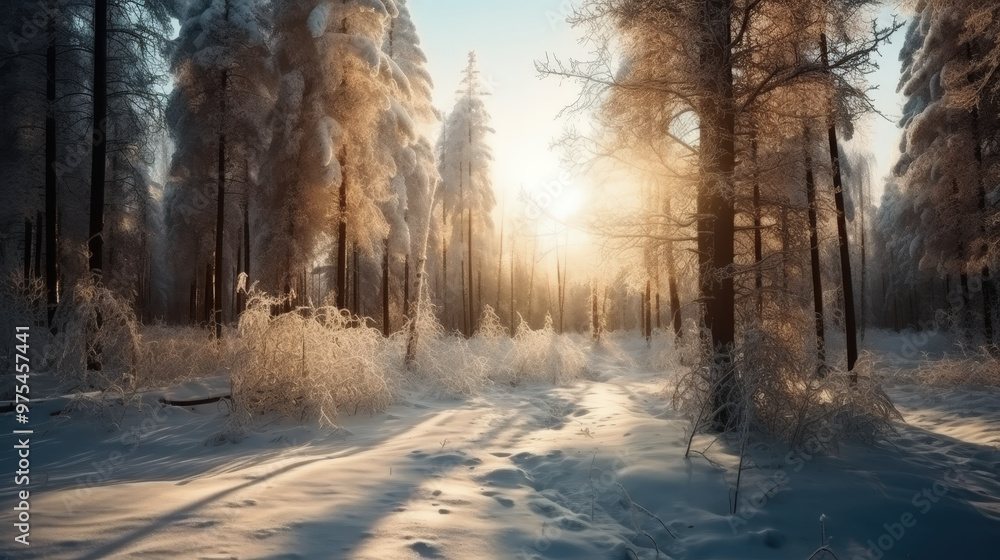 Fototapeta premium Frost-Covered Winter Forest with Sunlight Shining Through Trees