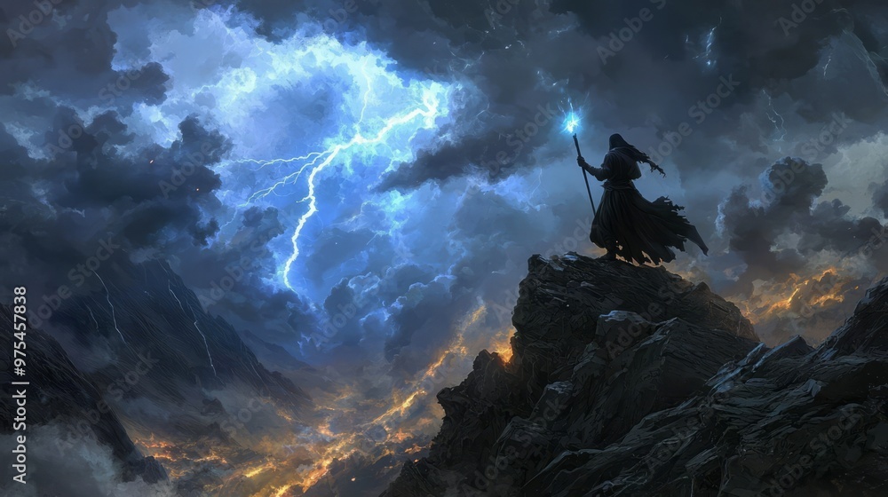 Fototapeta premium Fantasy Landscape with Storm Clouds Lightning and Figure