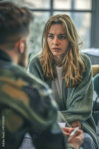 A psychologist providing crisis counseling to a survivor, with a calm and reassuring expression, helping them cope with the aftermath of a disaster.