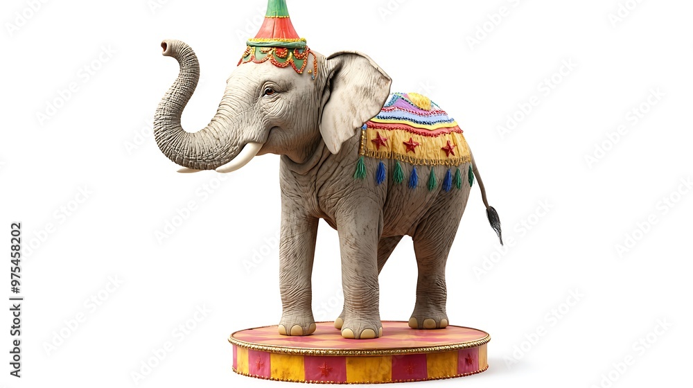Obraz premium Majestic 3D Circus Elephant Perched on Pedestal with Colorful Decorations on White Background