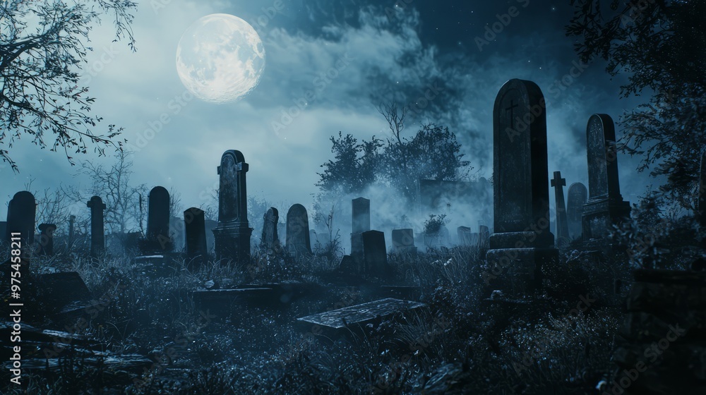 Spooky Graveyard at Night with Full Moon and Fog Spooky Graveyard at Night with Full Moon and Fog