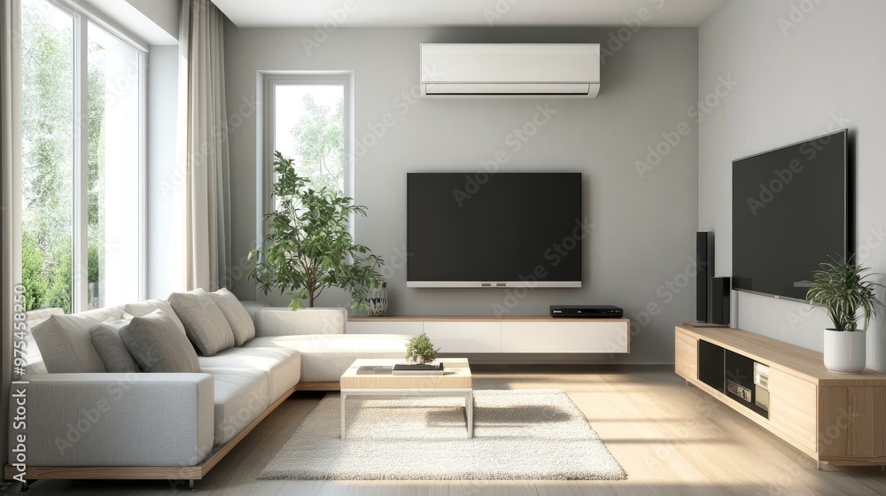 Fototapeta premium Elegant living room with an air conditioner, light-colored sofa, and a large, modern TV set.