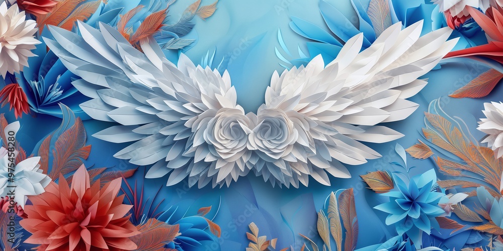 Beautiful Floral Papercraft of Opened Wings, Ideal for Photo Template Beautiful Floral Papercraft of Opened Wings, Ideal for Photo Template