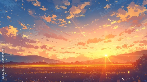 A radiant sunrise casting warm, golden light over a tranquil landscape, the sky awash with hues of orange and pink, symbolizing the start of new adventures and the potential for renewal photo