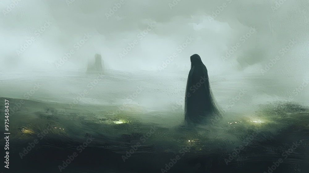 Mysterious Figure Walking in a Foggy Landscape