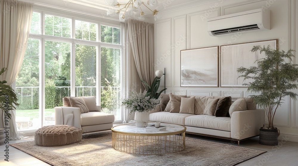 Elegant living room with an air conditioner, luxurious decor, and a soft rug under a large coffee table. Elegant living room with an air conditioner, luxurious decor, and a soft rug under a large coffee table.