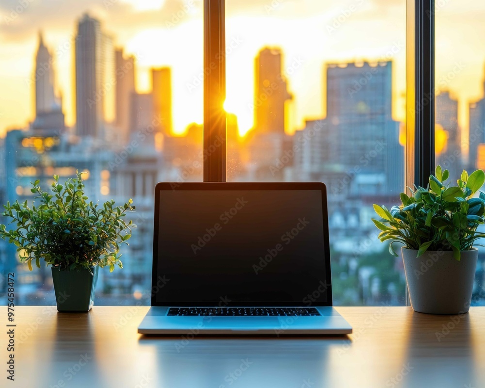 Tranquil Workspace: Laptop on Clean Desk with Inspiring Window View and Soft Lighting Background for Productive Office Setup Tranquil Workspace: Laptop on Clean Desk with Inspiring Window View and Soft Lighting Background for Productive Office Setup