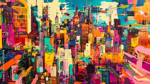 High-angle view of a vibrant pop art cityscape