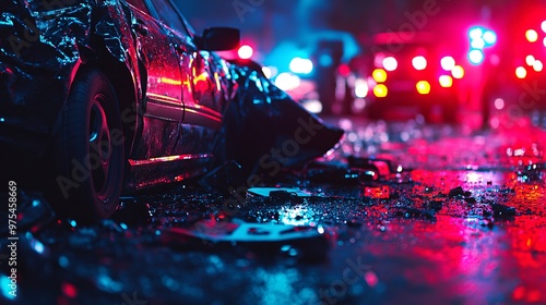 Police responding to a car crash, sirens blaring, blue and red lights illuminating the scene, officer taking notes, car crumpled in the background, city lights glowing in the distance, twilight sky,