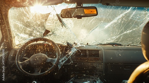 Car with deployed airbags, interior shot focusing on the inflated airbags, cracked dashboard, driver dazed but conscious, broken sunglasses on the seat, intense sunlight streaming through the photo