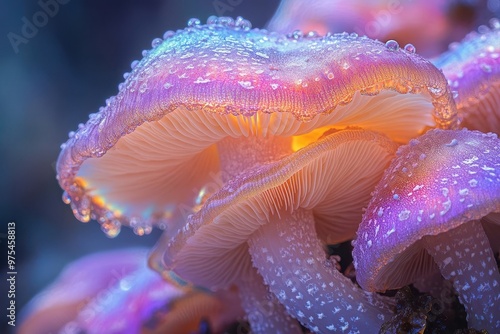 psychedelic closeup of iridescent mushroom cap swirling rainbow hues mystical and otherworldly botanical macro