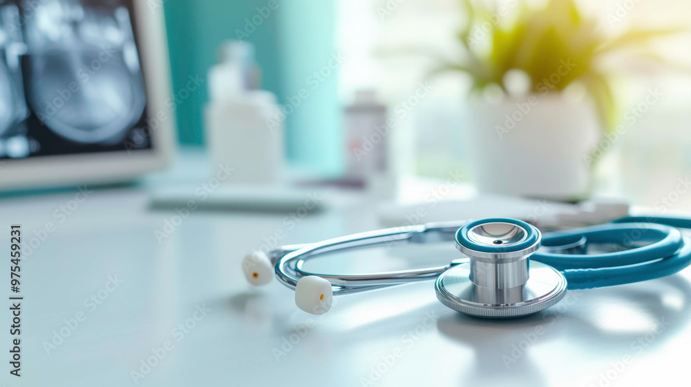 A stethoscope on a table in a modern healthcare facility with medical imaging equipment in the background, highlighting the intersection between patient care, healthcare technology A stethoscope on a table in a modern healthcare facility with medical imaging equipment in the background, highlighting the intersection between patient care, healthcare technology