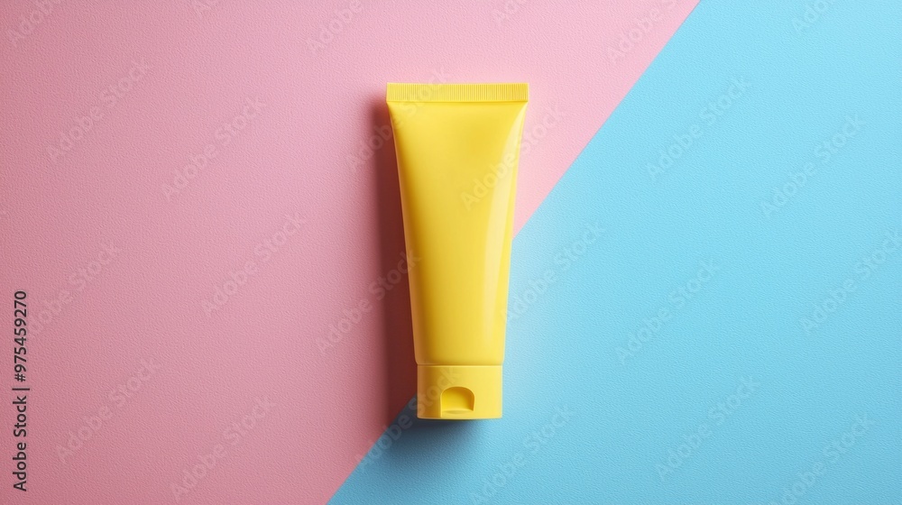 Product mockup. Skin care product. A striking yellow lotion tube sits upright on a vibrant pastel pink and blue backdrop, highlighting its sleek design and vibrant color palette. Product mockup. Skin care product. A striking yellow lotion tube sits upright on a vibrant pastel pink and blue backdrop, highlighting its sleek design and vibrant color palette.