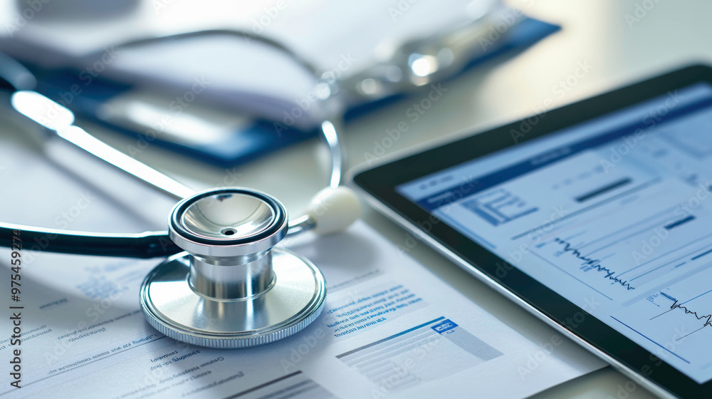 A modern doctor's office with a stethoscope on the desk and a tablet displaying health data. The environment is sleek and professional, highlighting the integration of technology in healthcare. A modern doctor's office with a stethoscope on the desk and a tablet displaying health data. The environment is sleek and professional, highlighting the integration of technology in healthcare.