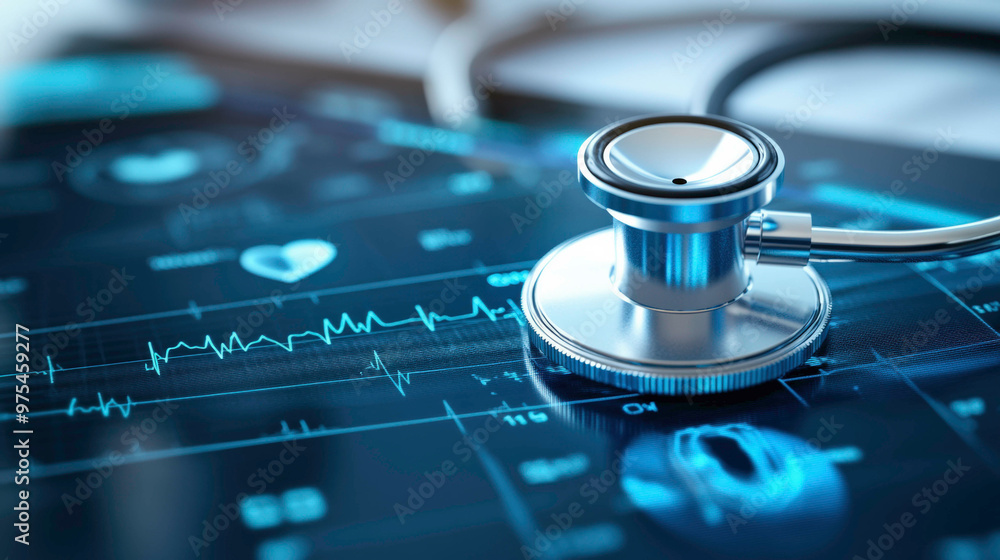 A stethoscope placed on a diagnostic workstation displays holographic heart rate data, representing advanced medical technology and real-time health tracking. A stethoscope placed on a diagnostic workstation displays holographic heart rate data, representing advanced medical technology and real-time health tracking.