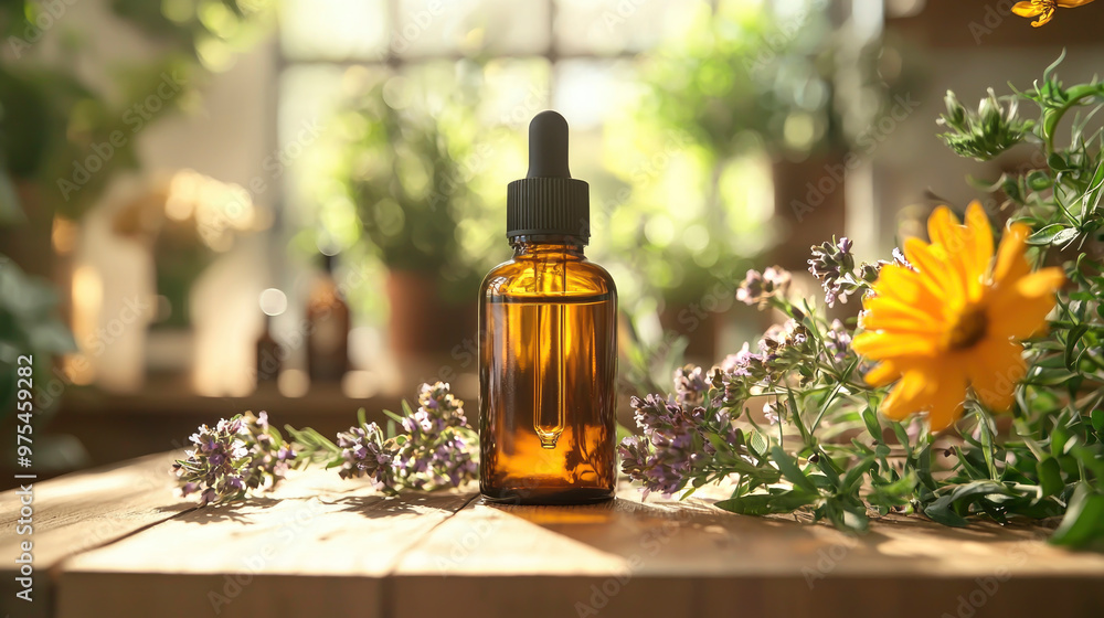Product advertising mockup. An amber glass dropper bottle sits amidst fresh herbs and vibrant flowers in a sunlit indoor garden during springtime Product advertising mockup. An amber glass dropper bottle sits amidst fresh herbs and vibrant flowers in a sunlit indoor garden during springtime