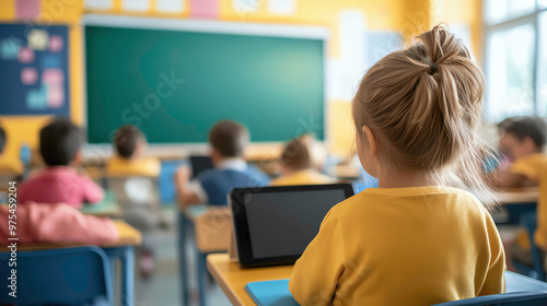 Primary school students in a colorful classroom interacting with smartboards, dynamic technology-driven education setting, Primary education, Engagement