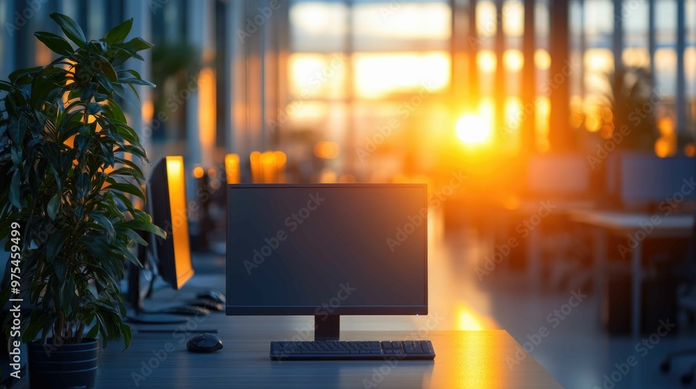 Fototapeta premium Modern Tech Workspace with Dual Monitors in Clean Office, Natural Light Background