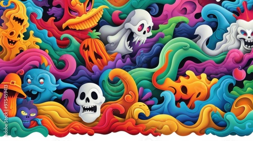 Colorful Halloween Pattern with Skulls and Ghosts