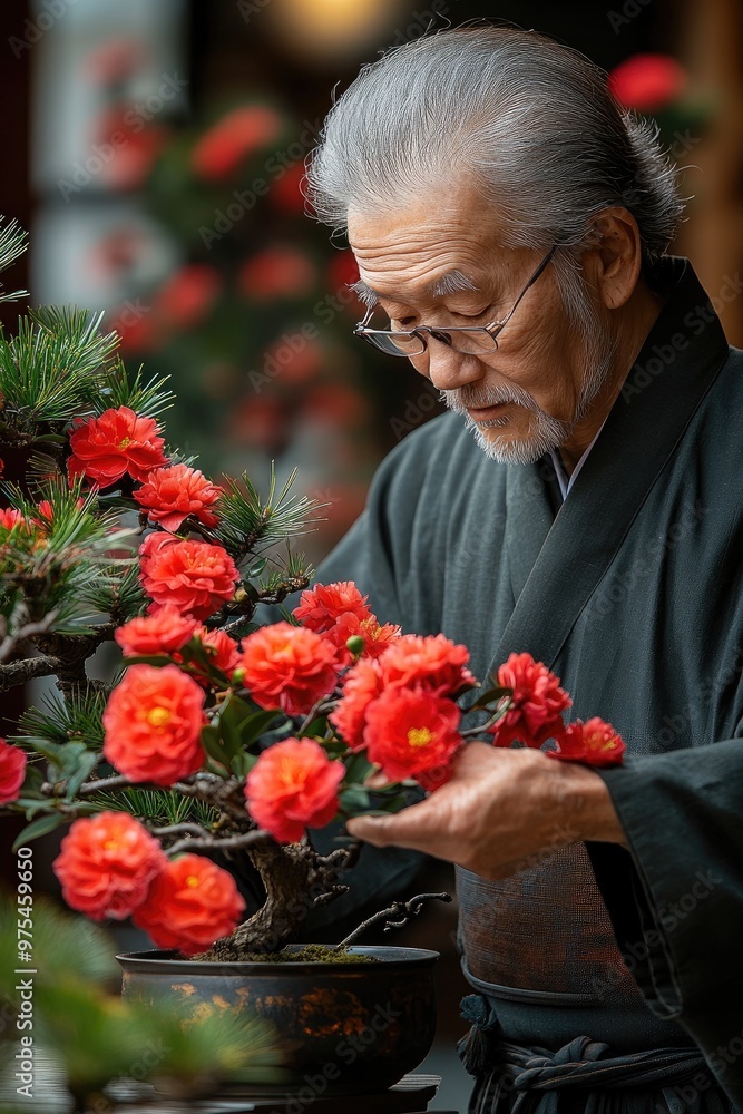 Senior japanese man taking care of bonsai tree with red flowers Senior japanese man taking care of bonsai tree with red flowers