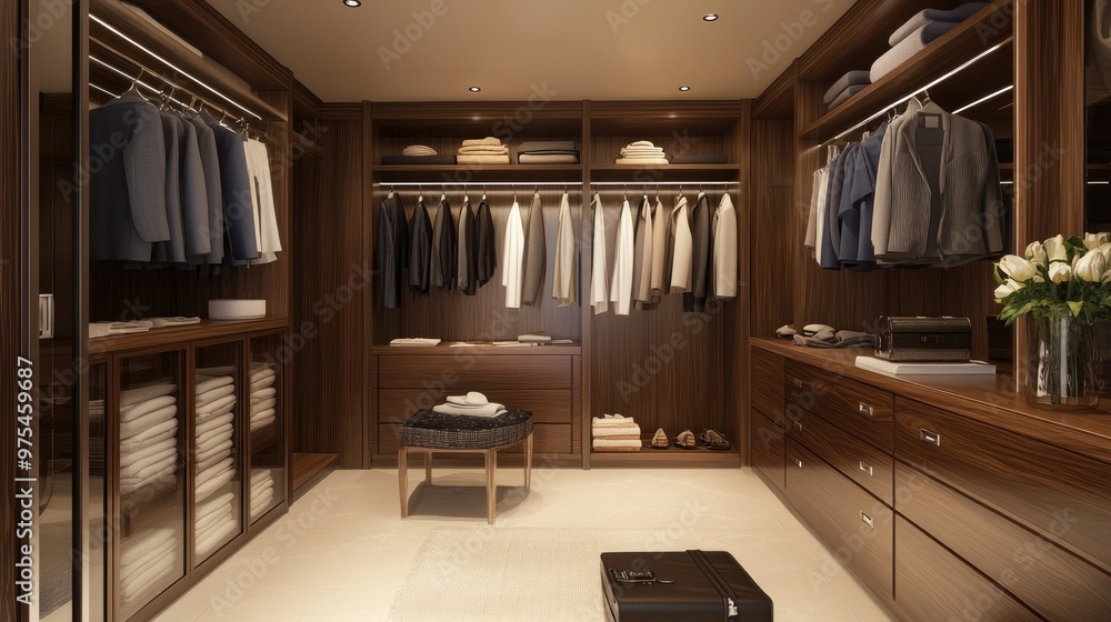 Fototapeta premium A spacious walk-in closet with wooden shelves, drawers, and hanging racks. There is a small ottoman with a white throw and a safe in the corner.