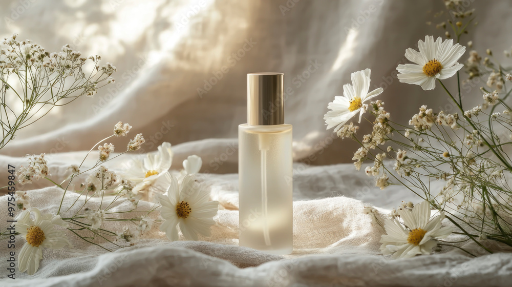A glass bottle of liquid surrounded by delicate white flowers on a soft fabric backdrop in natural light, creating a serene atmosphere A glass bottle of liquid surrounded by delicate white flowers on a soft fabric backdrop in natural light, creating a serene atmosphere