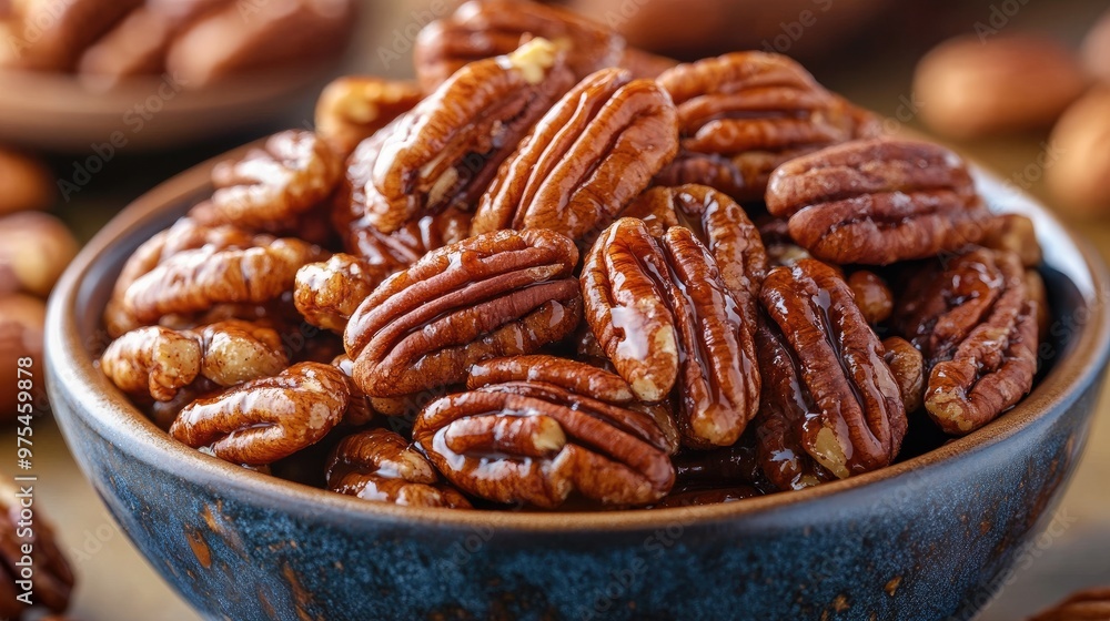 Bowl overflowing with delicious glazed pecans Bowl overflowing with delicious glazed pecans