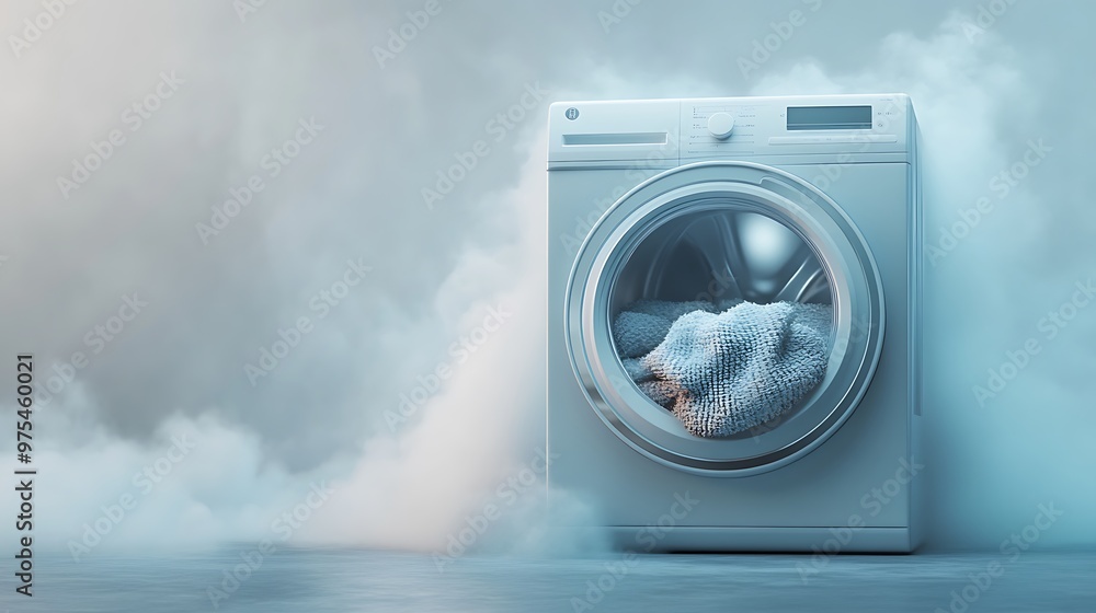 Cozy Blanket Inside Washing Machine - Serene 3D Render with Misty Atmosphere Cozy Blanket Inside Washing Machine - Serene 3D Render with Misty Atmosphere